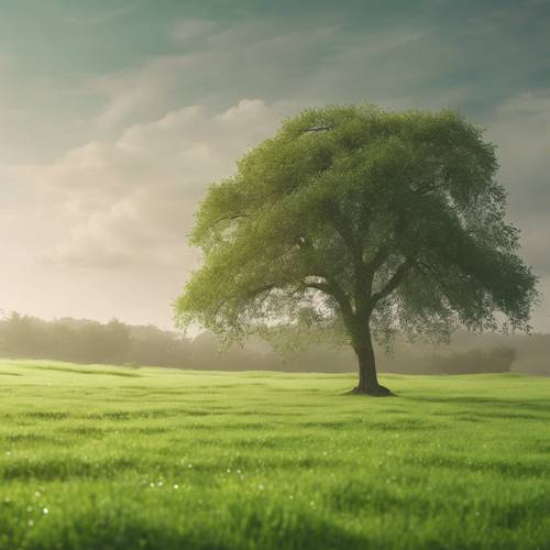 Gambaran indah tentang lapangan hijau yang tertutup embun pagi dengan sebatang pohon coklat.