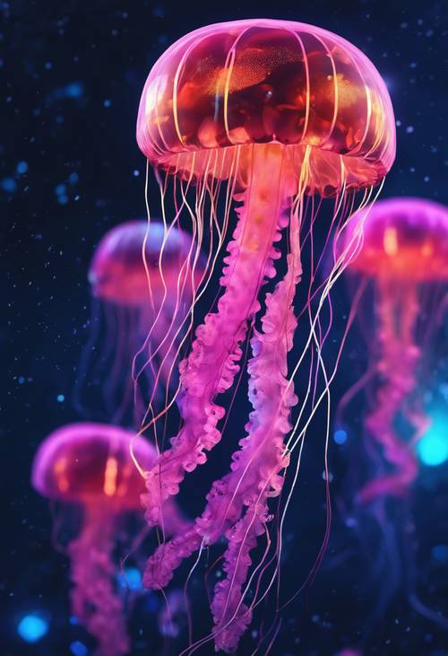Zabawna ilustracja przedstawiająca abstrakcyjne, świecące meduzy w neonowych kolorach na nocnej scenie oceanicznej.