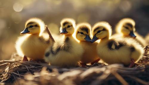 Bir grup minik sarı ördek yavrusu ısınmak için bir araya geldi.