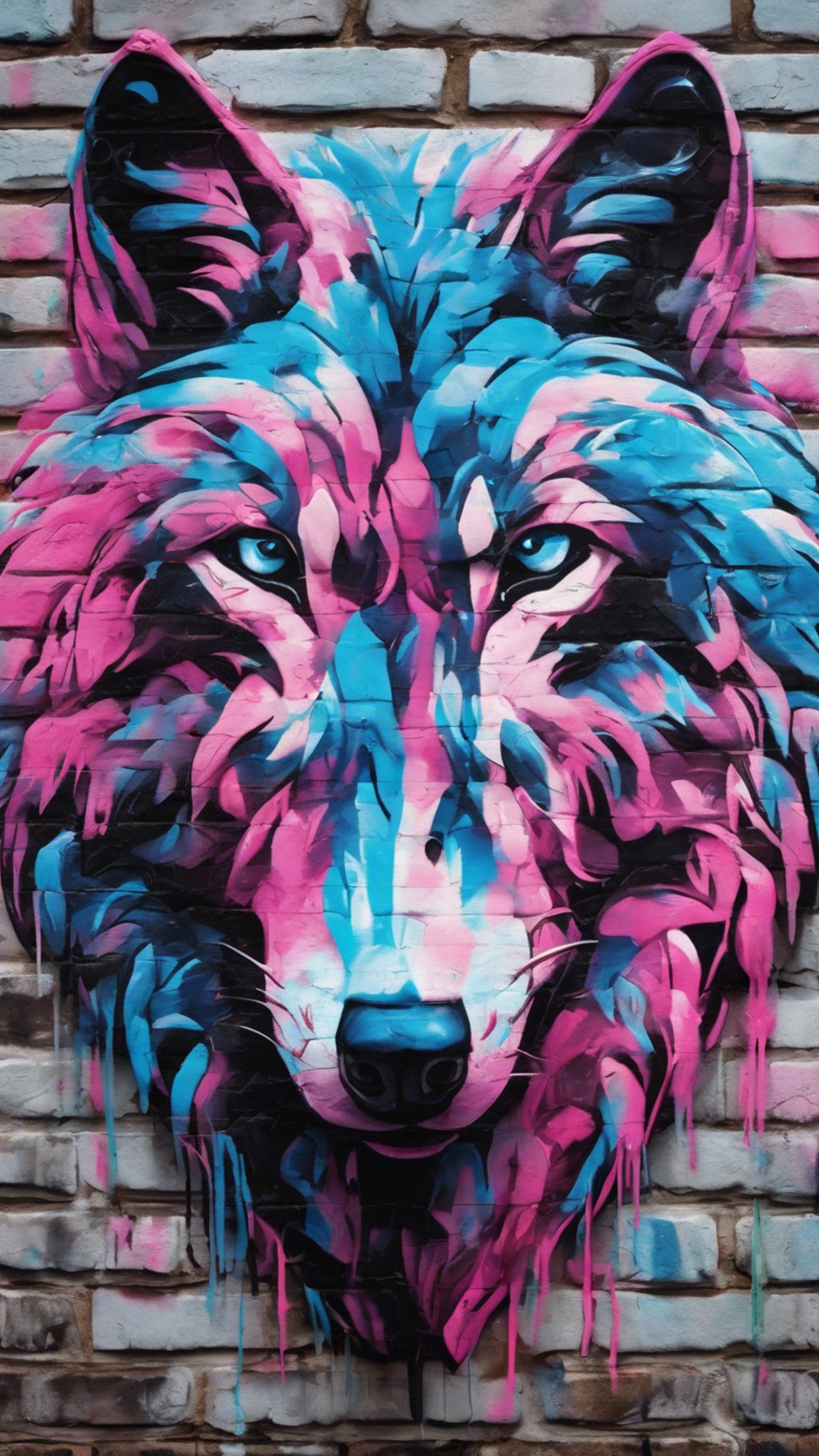 Graffiti of a vibrant, cosmic, cool wolf with neon blue and pink colors, painted across an urban brick wall. Wallpaper[a6ebfaca7d2e4cfbb51c]