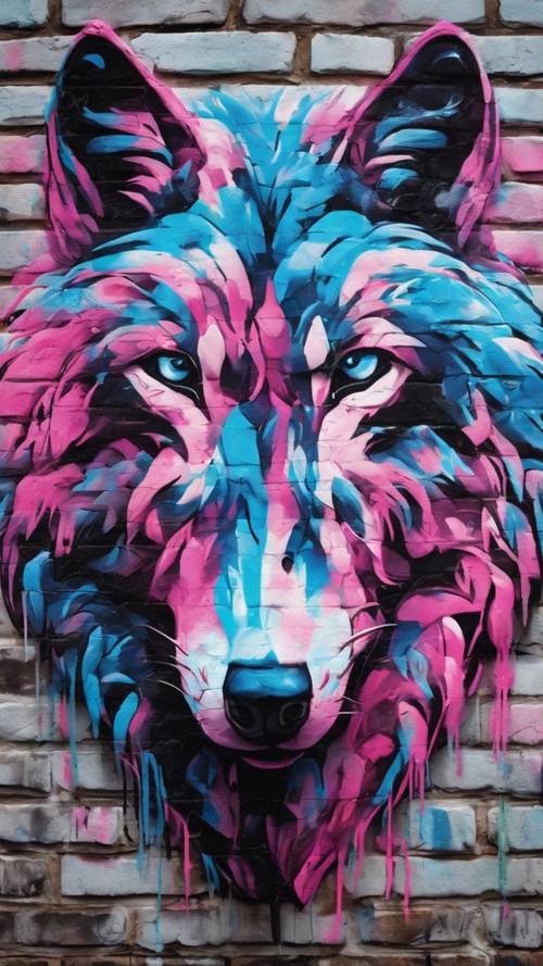 Graffiti de un lobo vibrante, cósmico y genial con colores azul neón y rosa, pintado a lo largo de una pared de ladrillos urbana.