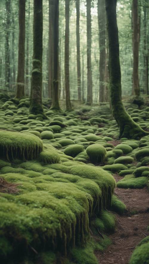 Ein ruhiger Wald mit Bäumen, die mit weichem, mintgrünem Moos bedeckt sind.