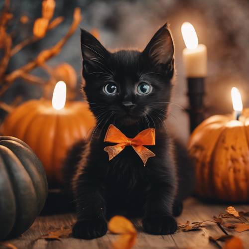 Обрадованный черный котенок с оранжевым бантиком сидит среди тыкв и мерцающих свечей и празднует свой первый Хэллоуин.