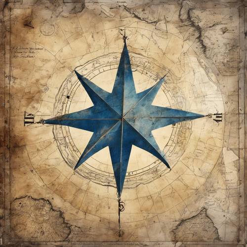 Üzerinde gizli bir hazinenin yerini gösteren mavi bir yıldız bulunan eski, soluk bir deniz haritası.