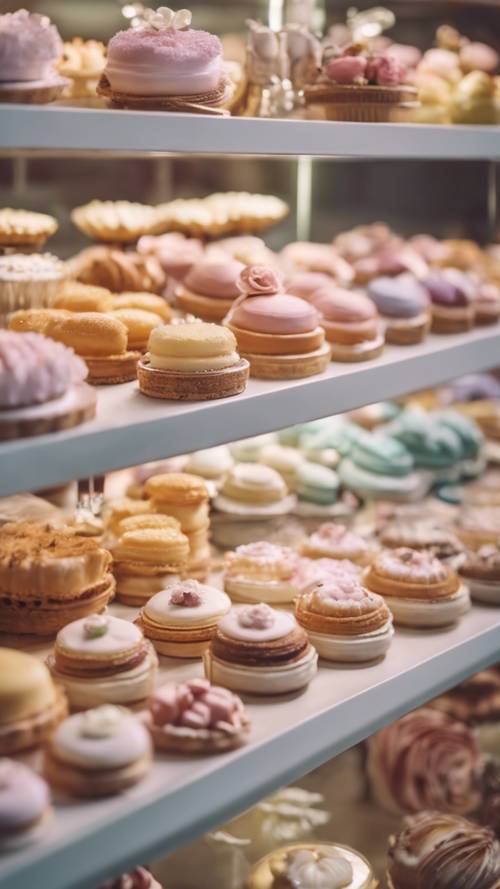 A classic French patisserie in pastel colors, filled with elegantly fashioned cakes and pastries.