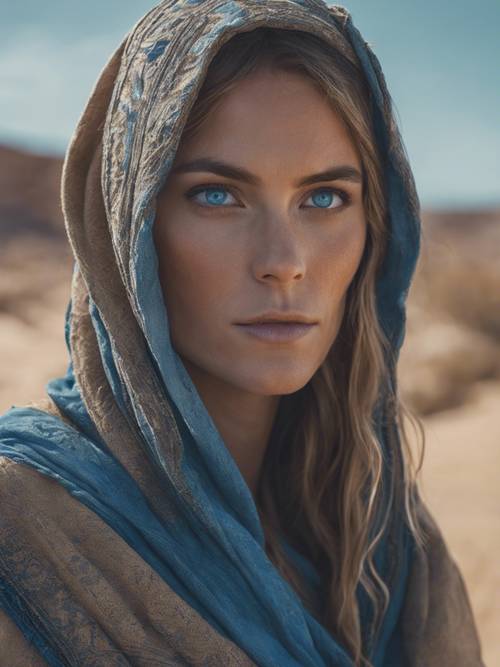Portrait of Lady Jessica in the middle of a deep desert, her blue within blue eyes displaying a hint of fear and determination.