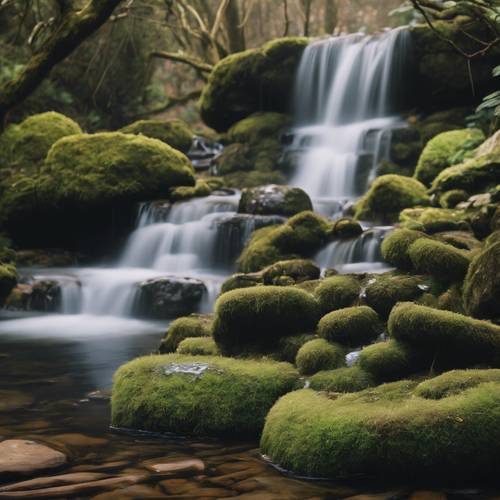 Спокойная сцена с водопадом в стиле Дзен, где вода мягко струится по мшистым камням.