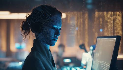 A mysterious figure obscured in shadow, their face illuminated only by the cool blue light of the computer screen as they hack into a secured network.