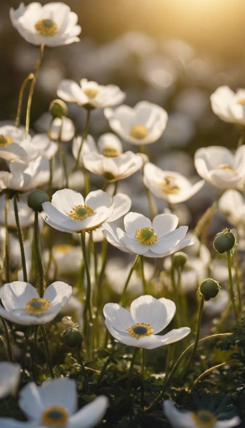 A soft focus image of a diverse patch of white anemones in full bloom, bathing in golden sunlight.