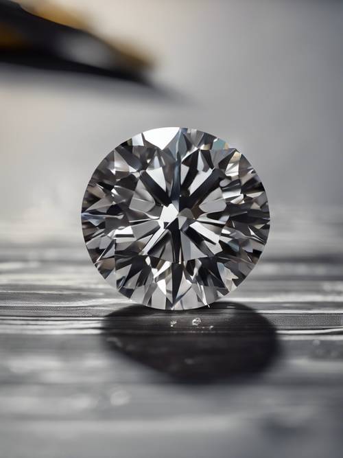 Un diamante gris de talla redonda fotografiado junto con las herramientas precisas necesarias para una elaboración tan fina.