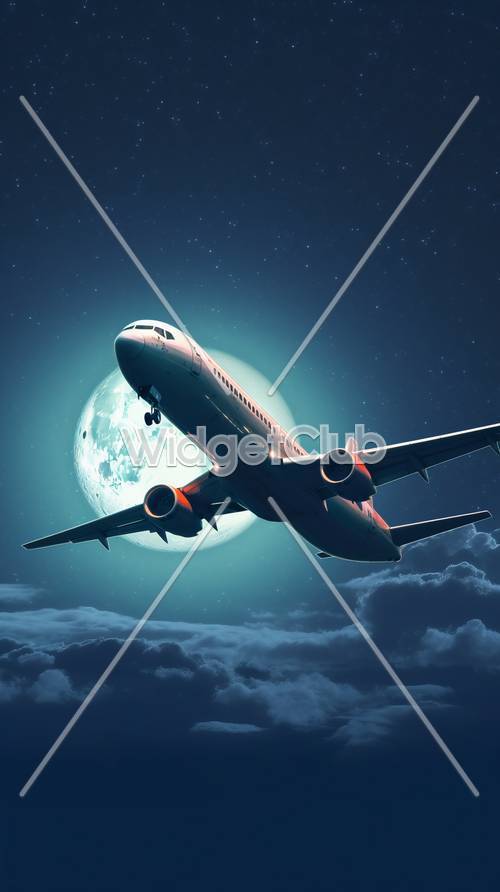 Gece Gökyüzünde Uçan Uçak ve Ay