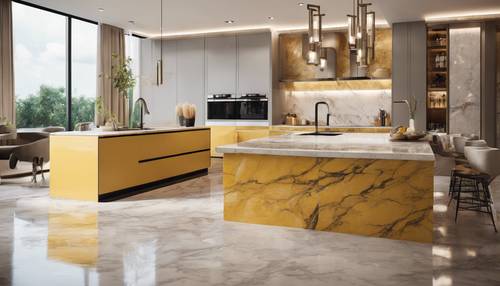Uma luxuosa cozinha de conceito aberto com ilha de mármore amarelo.