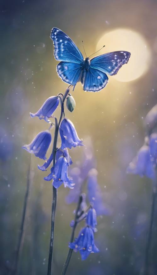 Ay ışığının aydınlattığı bir çan çiçeğinin üzerinde duran mavi parlayan bir kelebeğin büyülü bir sahnesi.