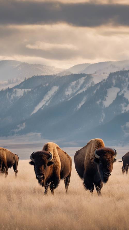 A family of bison grazing leisurely in an open prairie against a backdrop of mountains.