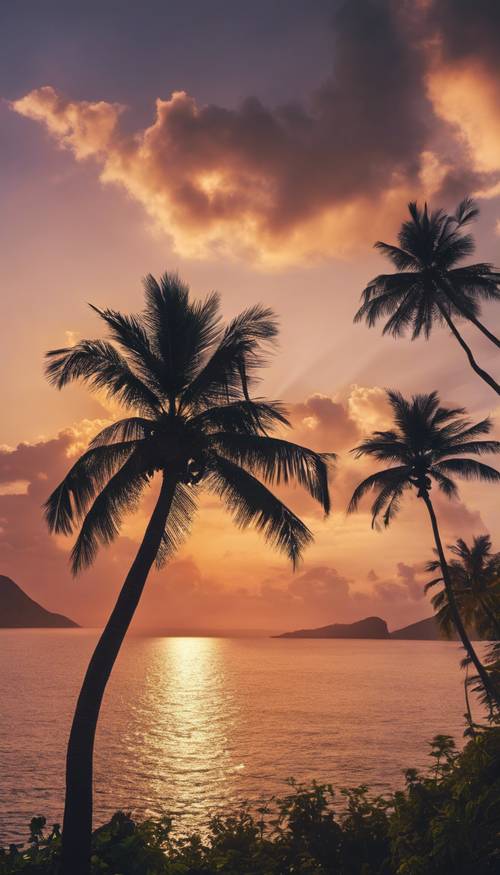 Um pôr do sol deslumbrante sobre uma ilha tropical, silhueta de palmeiras contra o céu.