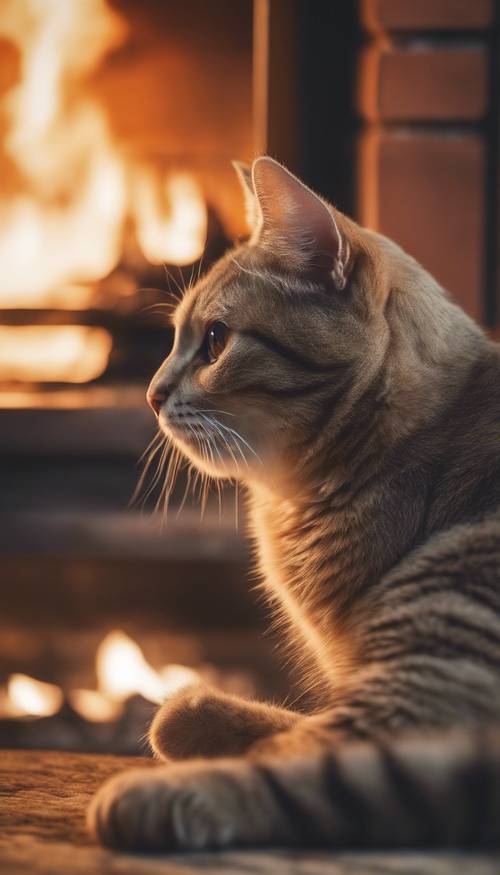 Heartwarming image of a cat crouched by the fireplace, anticipating the fall’s first frost.