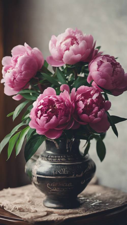 Peony merah muda gelap dalam vas antik