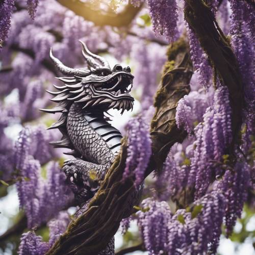 Japanese dragon tangled in the branches of a Wisteria tree.