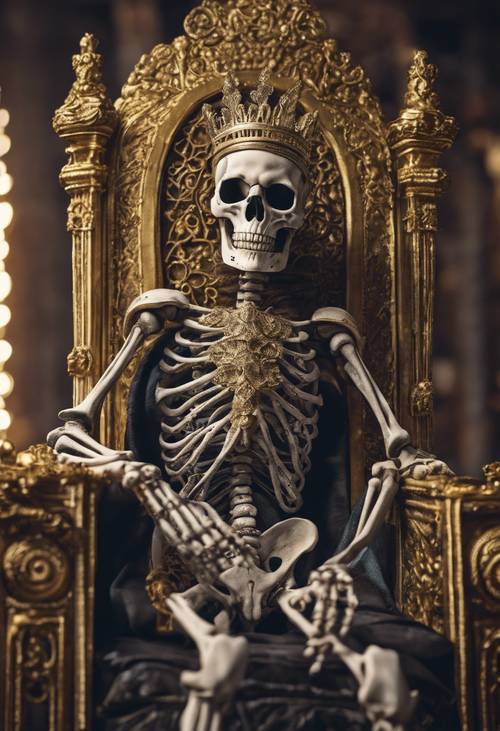 Un vénérable roi squelette sur un trône majestueux et orné.
