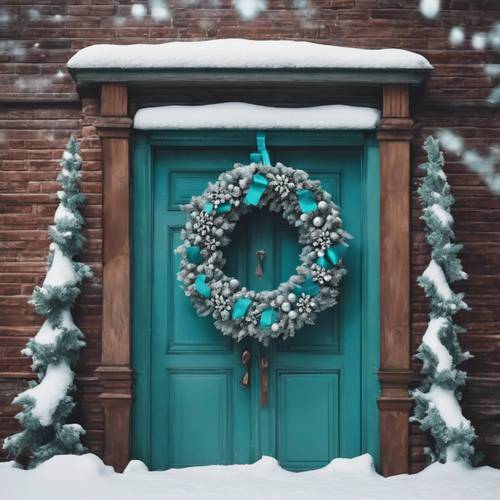 A snowy scene with a teal Christmas wreath hanging on the door.