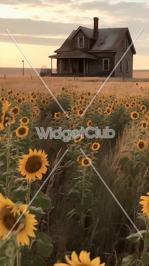 Sunflowers and Farmhouse at Sunset
