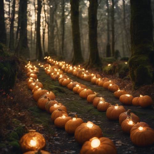 Des lanternes chaleureusement éclairées projettent une douce lueur sur des citrouilles fraîchement récoltées disposées sur un chemin moussu dans une forêt enchantée.