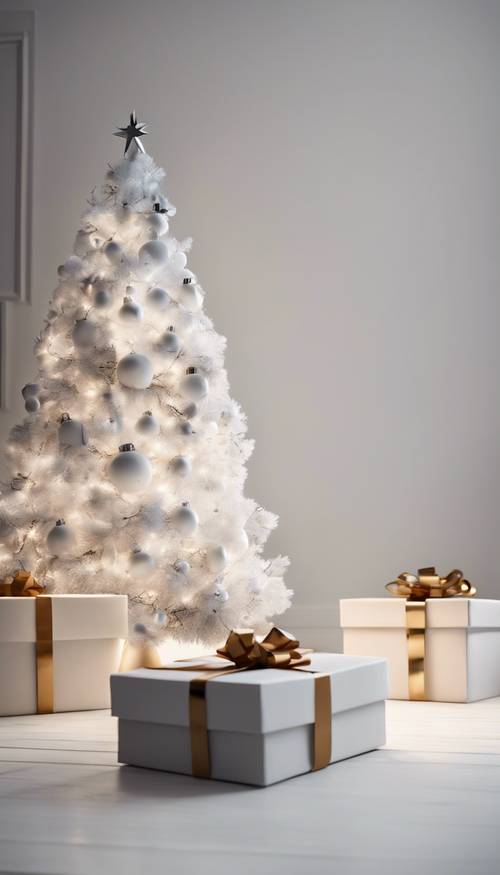 White room with a minimalist Christmas tree and present boxes made from recycled materials