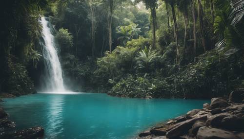 Büyüleyici bir ormanın vahşi doğasında yer alan, mavi bir lagüne dökülen bir şelale.