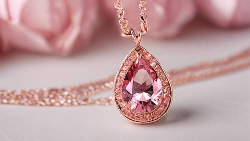 Pink teardrop rhinestones suspended on a rose gold necklace.
