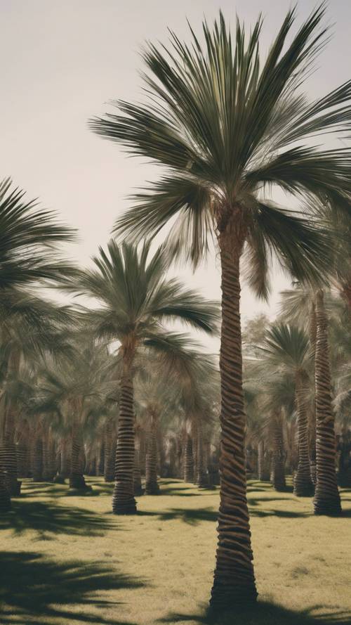 Benzersiz, kırışıklı çizgili gövdelerini gösteren genç palmiye ağaçları fidanlığı.