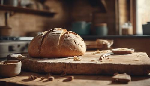 Pan caliente recién horneado, enfriándose sobre una tabla de cortar de madera vintage en una encantadora cocina de estilo cottagecore.