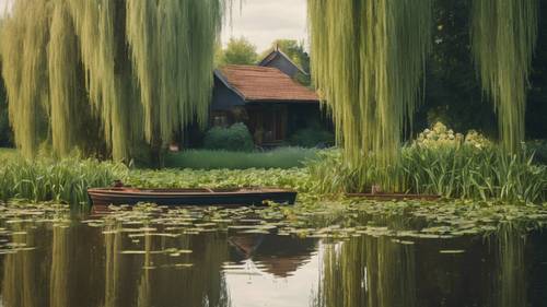 A quaint pond with lily pads and a small boat docked nearby, surrounded by weeping willows.