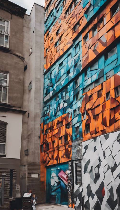 A bold and geometric street art on the side of a city building Tapet [4a55f4e5e7664eefa7e5]