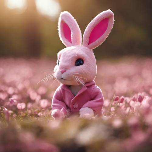 Um coelho rosa preocupado com orelhas dobradas, fugindo enquanto uma lebre salta em sua direção.