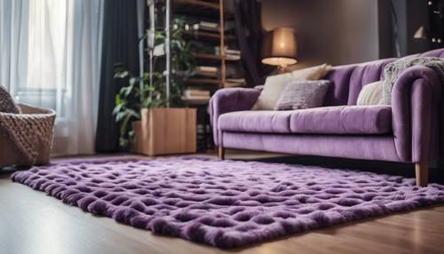 סלון נעים יפהפה עם שטיח משובץ סגול גדול וקטיפה.