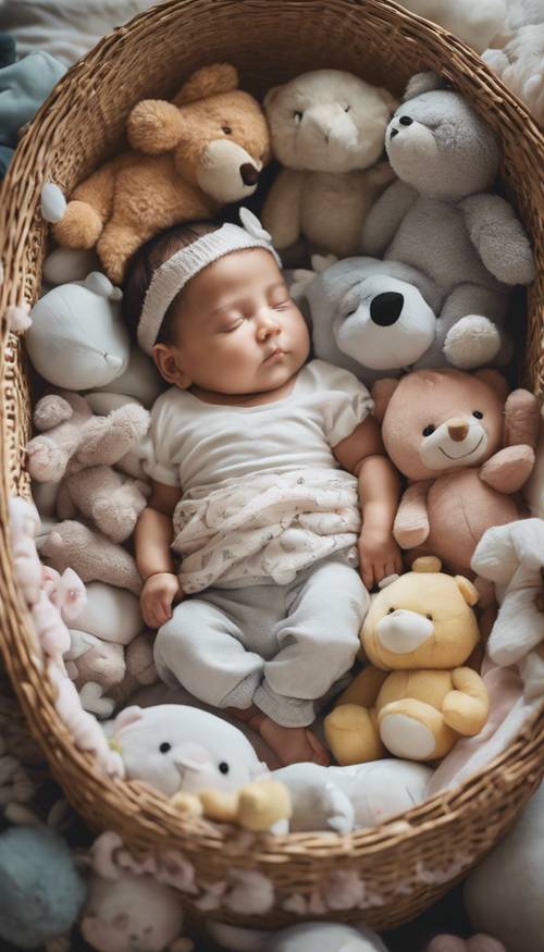 Um lindo bebê dormindo serenamente em um berço, rodeado de peluches.
