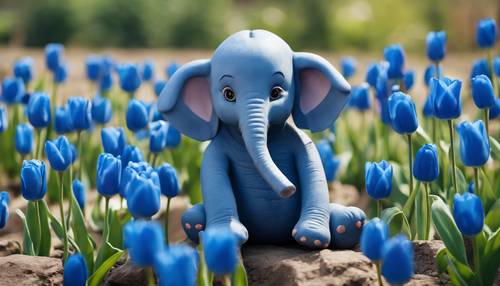 Seekor gajah biru kecil, lucu, bermata besar, duduk di antara bunga tulip biru.