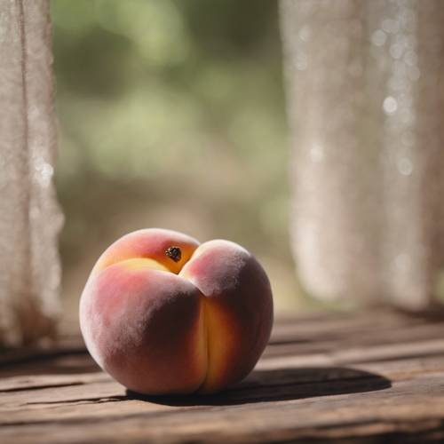 A close-up shot of a cute wart peach sat on a wooden table, a gentle breeze rustling through the nearby curtain.