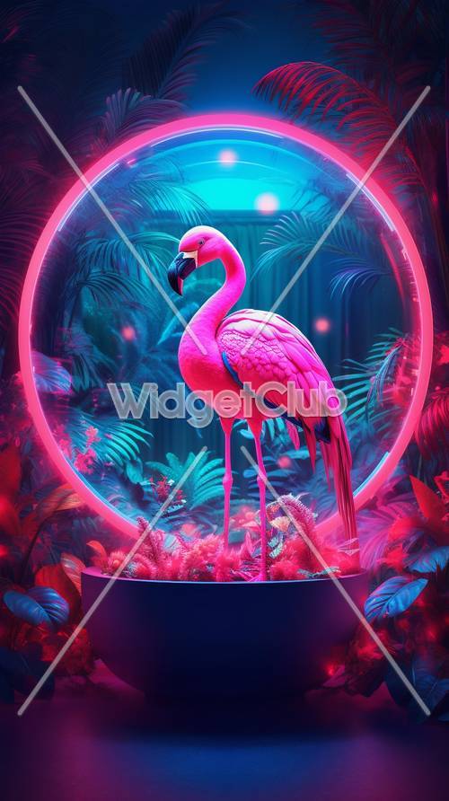 Neon Flamingo in a Jungle Circle