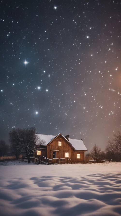 Orion constellation illuminated in the winter night sky above a rural farmhouse.