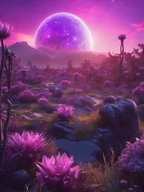 Un pianeta alieno primordiale rigoglioso con una flora sconosciuta sotto un etereo cielo viola