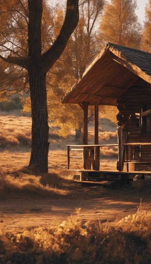 Matahari terbenam musim gugur memberikan bayangan panjang di kabin perbatasan kayu di Barat.