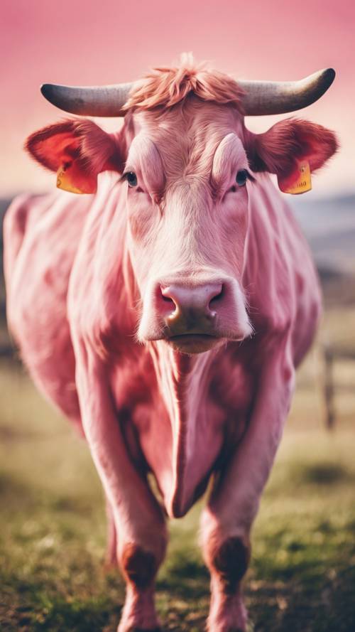 一幅驕傲的粉紅色母牛的肖像，它有一對華麗的角。