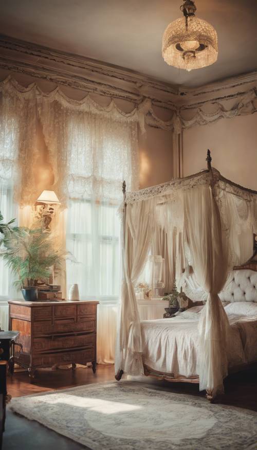 Um quarto de inspiração vintage com móveis antigos, cortinas de renda e cama de dossel.