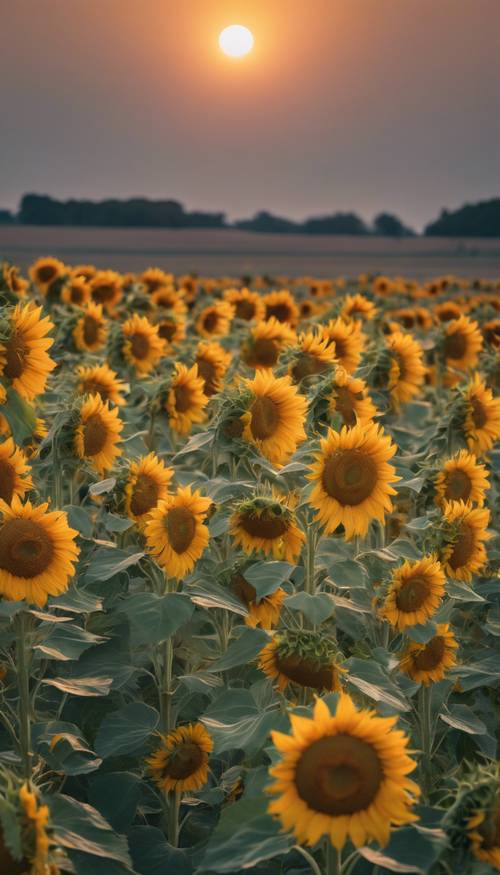 Ladang bunga matahari yang subur dan tinggi dengan kepala menghadap ke timur, menunggu matahari terbit.