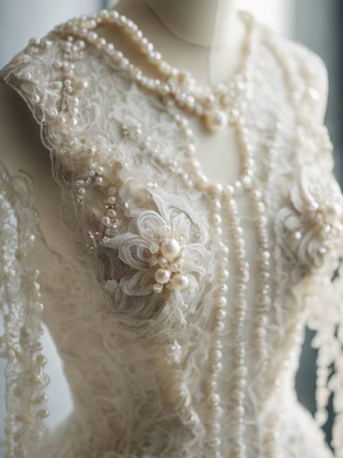 模特身上展示着一件象牙色蕾丝连衣裙，上面饰有奢华的珍珠。