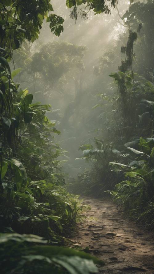 Ein ätherischer Blick auf den Amazonas-Regenwald, eingehüllt in Morgennebel.