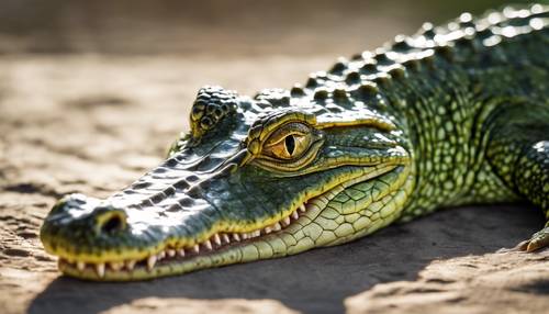 Um jovem crocodilo verde exibindo sua pele recém-trocada sob o sol da manhã.