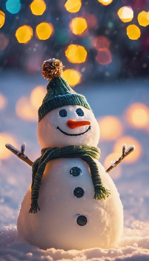 ليلة عيد الميلاد مليئة بالثلوج مع أضواء عيد الميلاد المتوهجة النابضة بالحياة ورجل ثلج مبهج في الأمام. ورق الجدران [268863085327428bbaac]