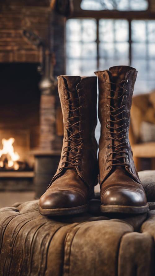 A pair of worn, old leather boots by a roaring fireplace, showcasing their well-travelled character.